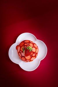 High angle view of strawberries in plate