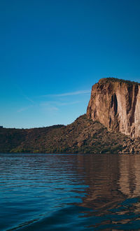 Rock formations by sea against clear blue sky