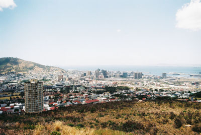High angle view of buildings against sky