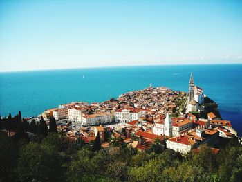 Panoramic view of sea against clear blue sky