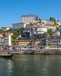 Buildings in city against clear blue sky