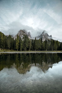 Scenic view of lake by trees against sky