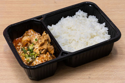 High angle view of food in plate on table