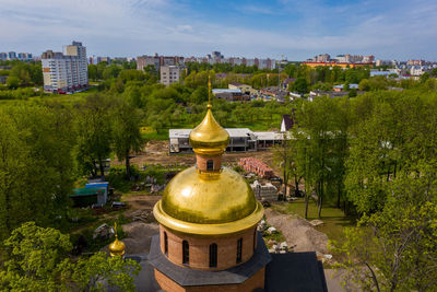 Drone view of architectural dome in city