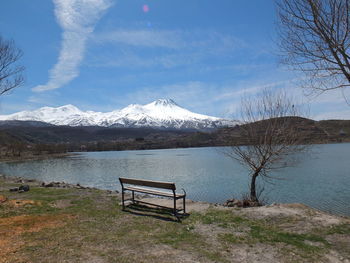 Scenic view of lake by snowcapped mountains against sky