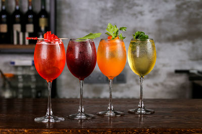 Close-up of colorful drinks on table