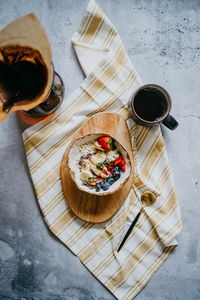 High angle view of breakfast on table