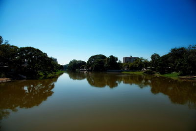 Scenic view of lake by trees against clear blue sky