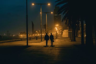 Rear view of man walking on illuminated street at night