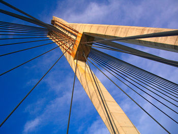 Low angle view of suspension bridge against cloudy sky