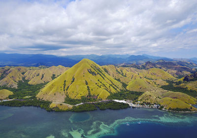 Scenic view of sea and mountains against sky
