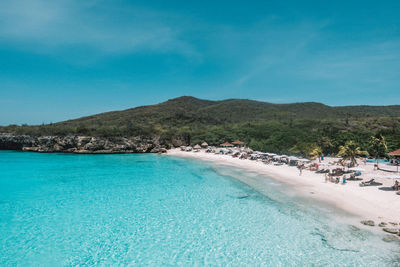 Scenic view of sea against clear blue sky