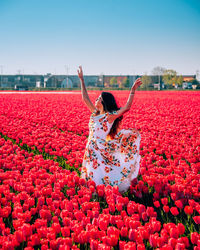 Woman standing by red flowering plants against sky