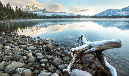 Scenic view of lake against sky during winter