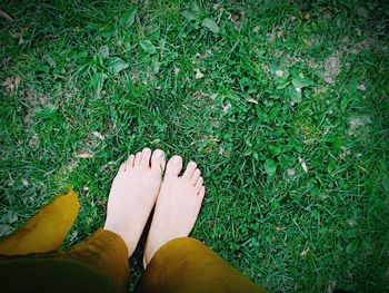 Low section of woman standing on grass