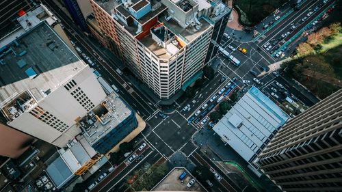 High angle view of street amidst buildings in city