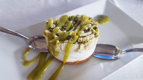 High angle view of dessert in plate on table