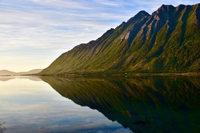 Scenic view of lake by mountains against sky