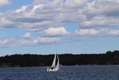 Sailboat sailing on sea against sky