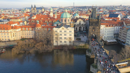 Aerial view of buildings at waterfront