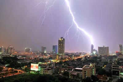 Lightning over cityscape at night