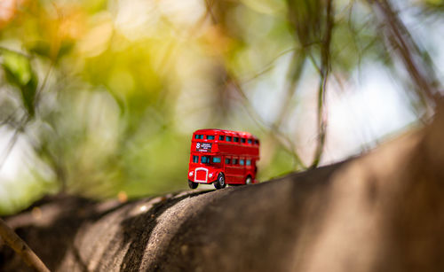 Close-up of red toy car on street
