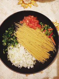 High angle view of food in bowl on table