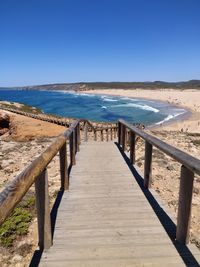 Wooden posts on beach against clear blue sky