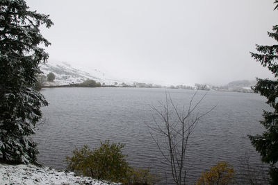 Scenic view of lake against clear sky during winter