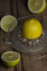 High angle view of lemon in container on table