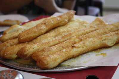 High angle view of bread in plate on table