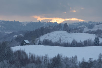 Scenic view of snowcapped mountains against sky during winter