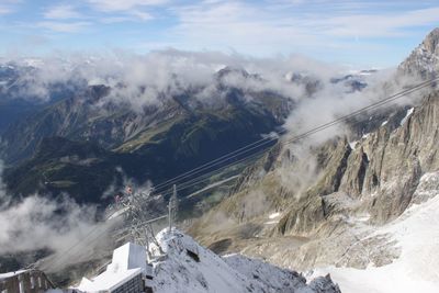 High angle view of snowcapped mountains against sky