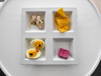 High angle view of food in plate on table