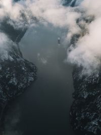 Aerial view of cargo ship on water at sunrise . danube  gorge,the border between romania and serbia	