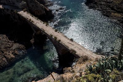 High angle view of water flowing through rocks