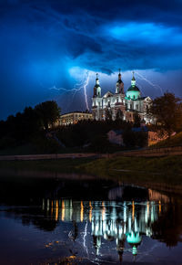Church against storm clouds at night