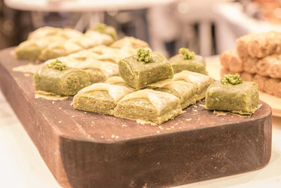 Close-up of served food in plate on table