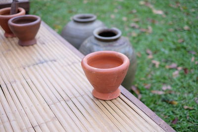 High angle view of earthenware on table