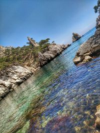 Scenic view of sea against clear blue sky