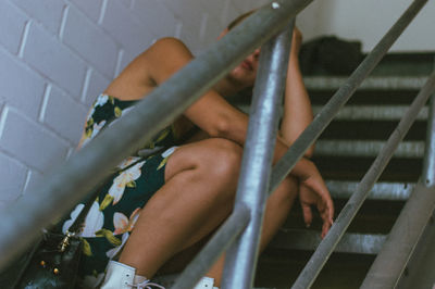 High angle view of people on staircase