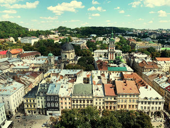 High angle shot of townscape against sky