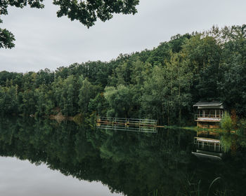 Scenic view of lake by trees against sky