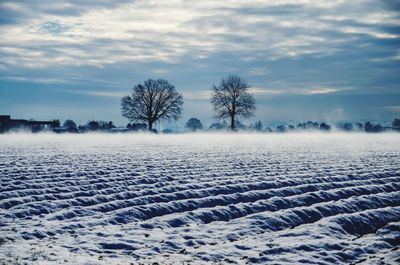 Scenic view of snow covered field against sky