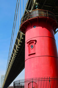 Low angle view of bridge against clear blue sky