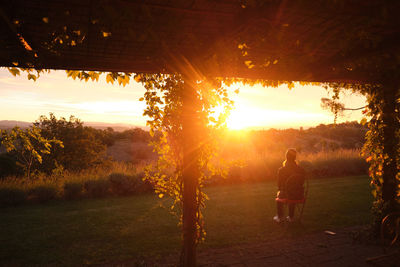 Rear view of woman standing on field against sky during sunset