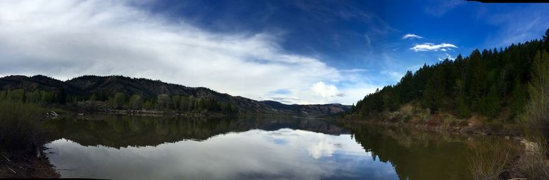 Panoramic view of lake and mountains against sky