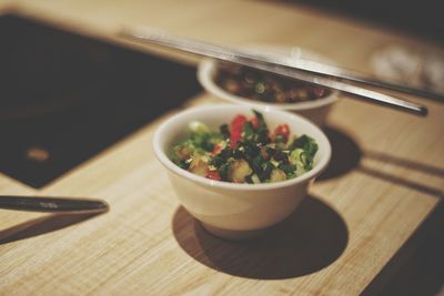 High angle view of food in plate on table