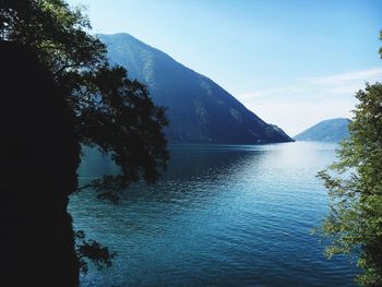 Scenic view of lake and mountains against sky