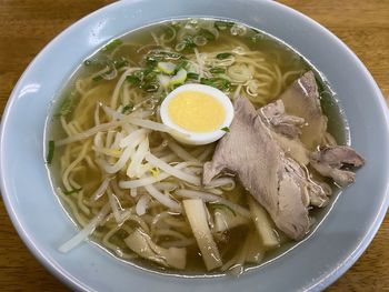 High angle view of soup in bowl on table